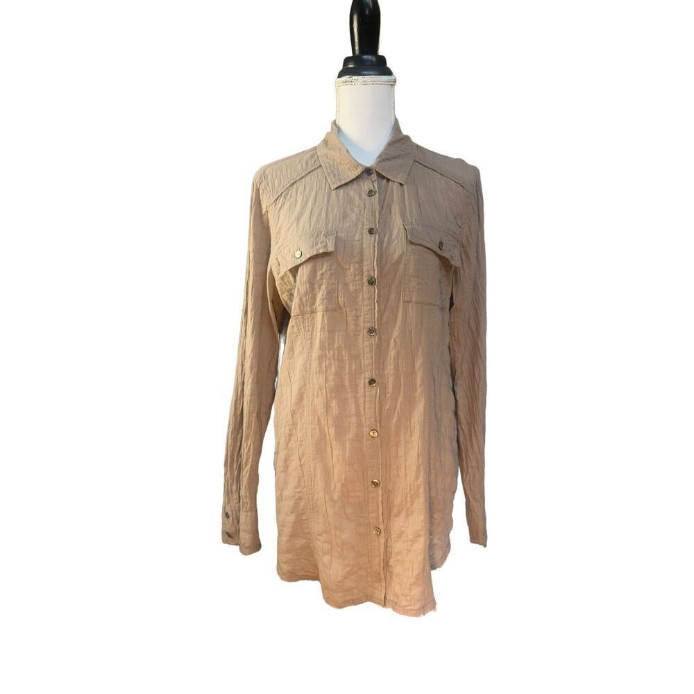 threads Saks Fifth Avenue Tan Crinkle Button-Front Shirt Dress – Size L